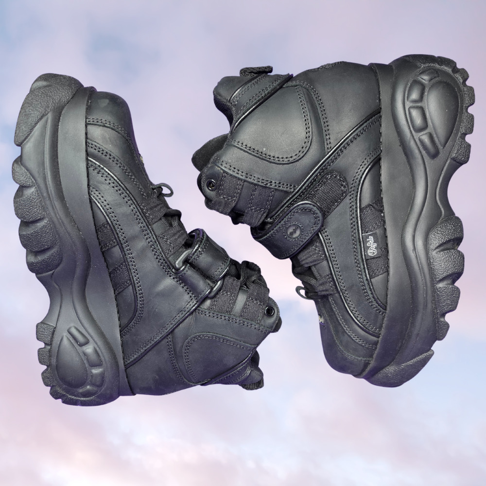 Vtg 90s Buffalo London Black Leather Platform Chunky High Gothic Sneaker 38 - Picture 4 of 7